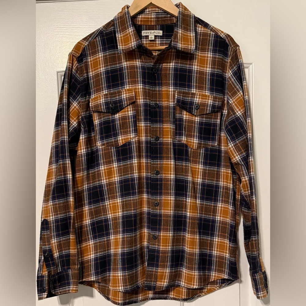 NWOT ⚡️ Frye & Co Plaid Flannel Shirt L Brown Navy Western Button Down
